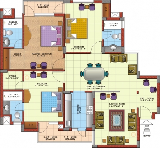 Gorgeous Three Bedroom Flat Design Plans Apartment House Modern Three 3bedroom Floor Plan In Nigeria Pic