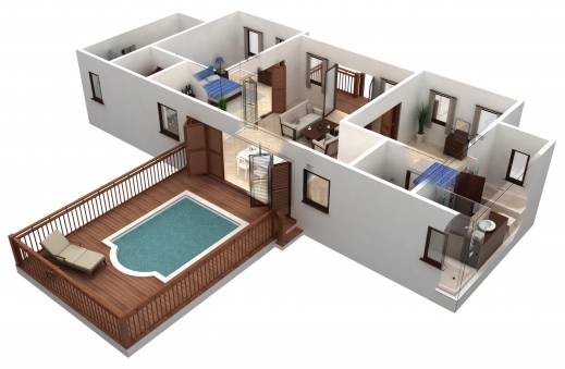 Fascinating Architecture Simple 2 Bedroom House Building Plan With Small Pool Simple Home Plans 2 Bedrooms 3d Pics