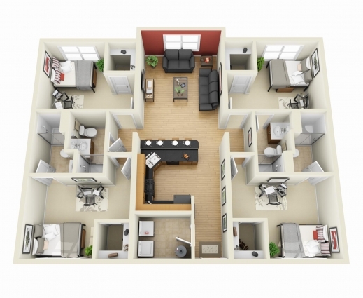 Incredible 50 Four 4 Bedroom Apartmenthouse Plans House Plans Bedroom 4 Room House Planning 3D Pic