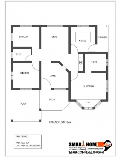 Outstanding 1320 Sqft Kerala Style 3 Bedroom House Plan From Smart Home Gf Kerala Home Designs Three Bedroom Plans Images