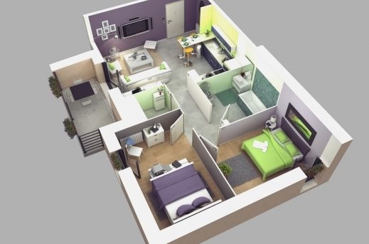House Plans 3d With 2 Bedrooms